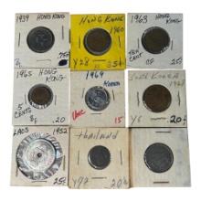 Collection of Vintage Coins from Hong Kong, South Korea, Laos, Thailand, 1939-1969