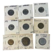 Collection of Netherlands and France Coins, Various Years and Denominations