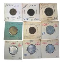 Mid-20th Century Coin Collection, France, Germany, Italy, Various Denominations