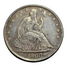 1868 Seated Liberty Half Dollar Coin, United States, FULL LIBERTY