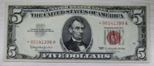 1963 U.S. $5 Bill Red Seal Banknote Star Note