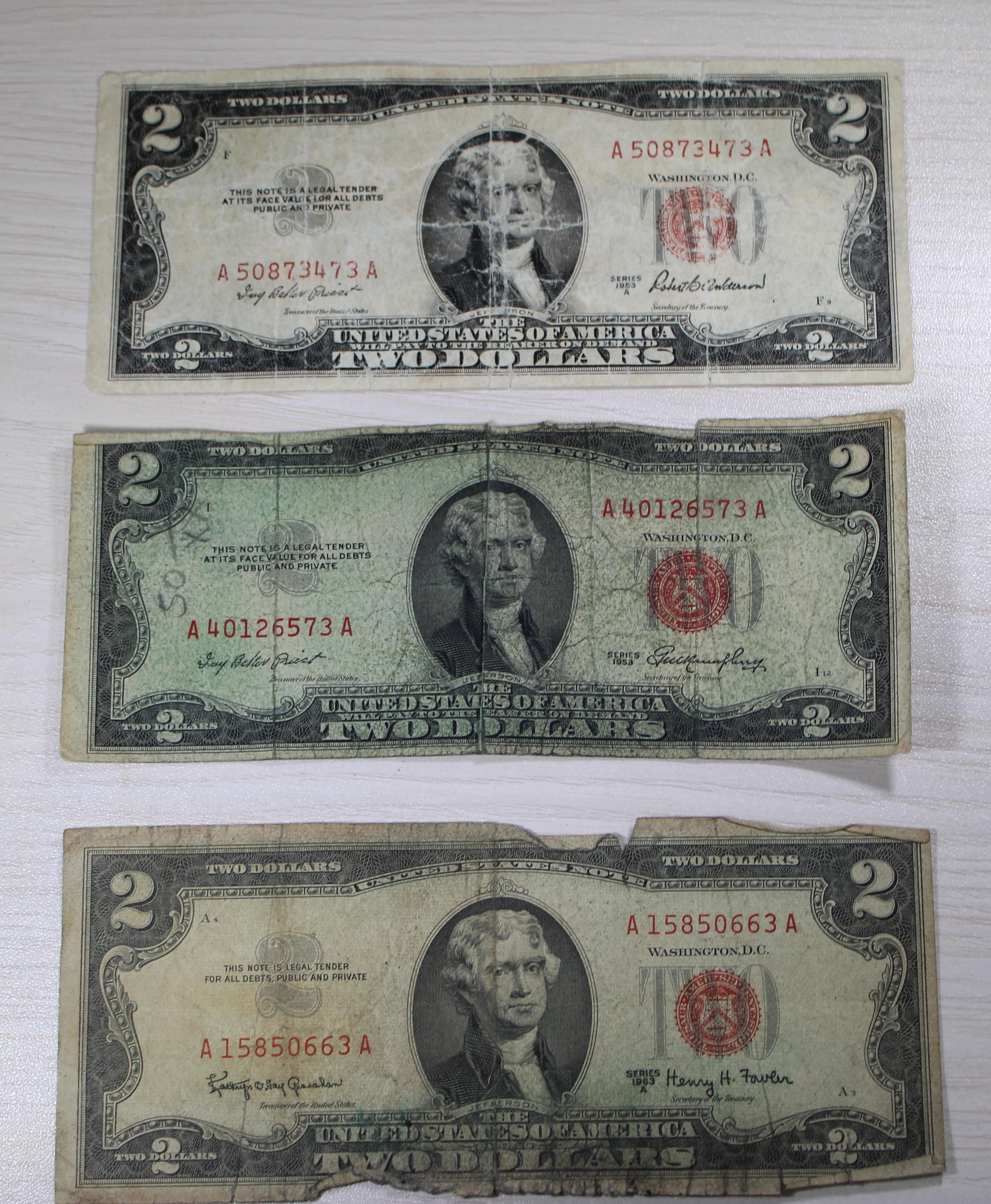 3- $2.00 Red Seal US Notes, 1953A, 1953, 1963A, SELLS TIMES THE MONEY