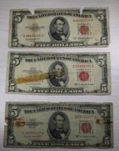 3- Vintage 1953 U.S. Five Dollar Notes, Red Seal, 1 A, 2 B Series, SELLS TIMES THE MONEY