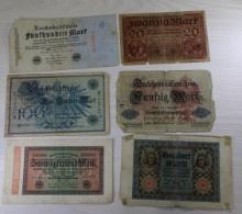 6 pcs- German Banknotes: 500, 20, 50, 100, 1000, 20000 Mark, SELLS TIMES THE MONEY