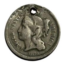 1873 United States Three-Cent Nickel Coin, Holed