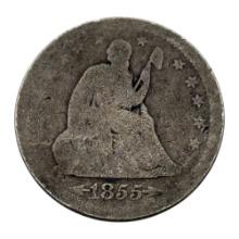 1855 Seated Liberty Quarter, Silver, w/ arrows