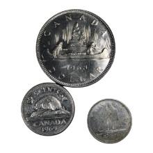1968 Canadian Dollar, 1965 Canadian nickel, and 1985 10 Cents Coins