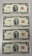 4- 1953 Red Seal $2.00 US notes, 1953, A,B,C, sells times the money