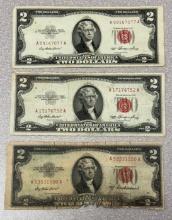 3- 1953 (One A Series) Red Seal $2.00 US Notes, sells times the money