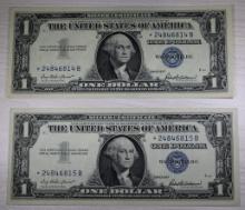 2- 1957B Silver Certificate One Dollar Notes, Consecutive Serial Numbers, SELLS TIMES THE MONEY