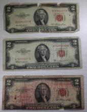 3-1953 U.S. Two-Dollar Notes with Red Seal, one is a C series, SELLS TIMES THE MONEY