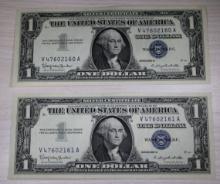 2- 1957 Blue seal Silver Certificates w/ sequential serial numbers, SELLS TIMES THE MONEY