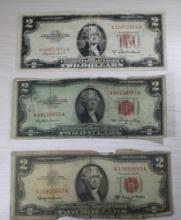 3- $2.00 Red Seal US Notes, 1953A, 1953, 1963A, SELLS TIMES THE MONEY