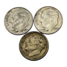 3- 1964 90% Silver Roosevelt Dimes, one is a D mint, SELLS TIMES THE MONEY