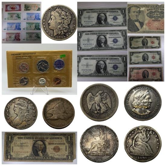 TYPE COINS, SILVER COINS, CURRENCY and MORE