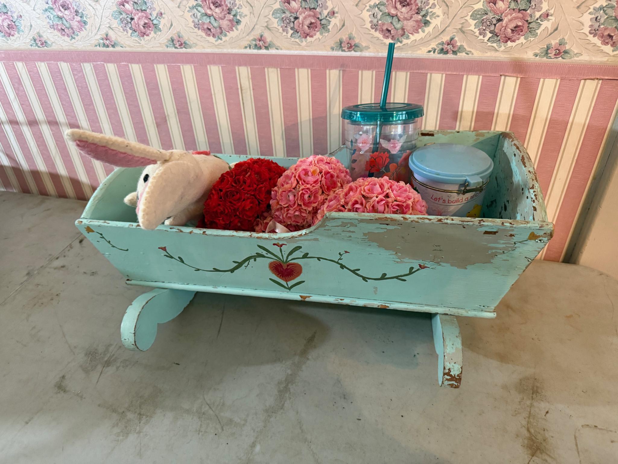 Light Blue Wooden Decorative Cradle with Floral and Heart Design & misc
