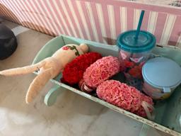 Light Blue Wooden Decorative Cradle with Floral and Heart Design & misc
