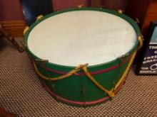 Vintage Bass Drum, Green with Red Stripe, Brass Hardware, 28" across, 16" tall