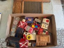 Vintage Toy Collection with Wooden Soldiers, Checkers, Camera, Washboard
