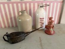 Jug - cracked and repaired, Milk Bottle, Roseville 352- 4 1/2" candle stick set, 3/4 pint oiler