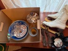 Ice Skates, Misc. Glassware and pair of strap on skates