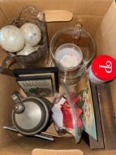 Mixed Box of Household Items: Glassware, Metal Teapot, Ornaments, Tin