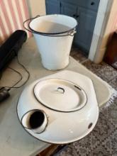 Vintage Enamelware Chamber Set, White, Classic Design