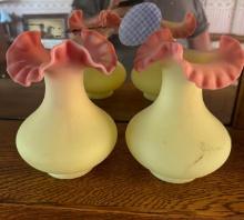 Fenton Art Glass Vases, Yellow with Pink Ruffled Edge, Mid-Century