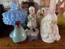 Decorative Ceramic and Glass Figurines, Hobnail Pattern, Madonna, Child with Flute