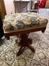 Ornate Wooden Piano Stool with Cat Pattern Upholstery, Swivel Base