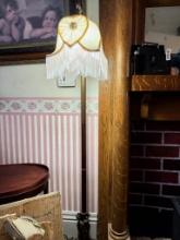 Vintage Floor Lamp, Brass Base, Cream & Gold Shade, Decorative Figures