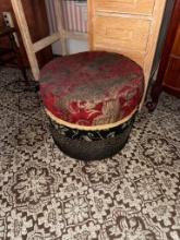 Decorative Ottoman, Red, Black & Gold, Circular, Fabric & Wood