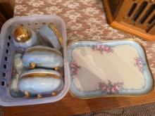 Austria Porcelain Vanity Set, Floral Design, Light Blue with Gold Accents