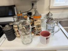 Assorted Beer Steins with Pewter Lids, Various Designs, German Origin and more
