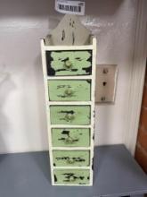 Small Vintage Wooden Storage Cabinet, 6 Drawers, Green and Black 4" x 15" tall