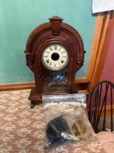 Antique Mechanical Wood Mantel Clock, Roman Numeral Dial, NEEDS WORK