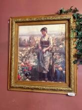 Framed Artwork of Woman with Flowers, Gold Ornate Frame, 30" x 34"