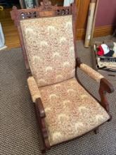 Antique Victorian Rocking Chair, Wood, Fabric Upholstery, Intricate Carving