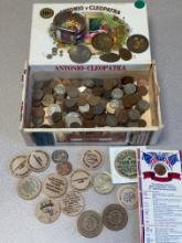 Mixed Coin Lot with Wooden Nickels, Collectibles, Antonio y Cleopatra Cuban Cigar Box