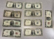 Asst Older Silver Certificates and Red Seal Notes, 6 silver certificates and 3 $2.00 notes