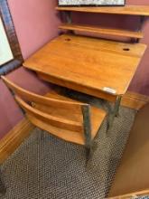 Antique School Desk with Integrated Chair and Shelf, Early 20th Century, 30" wide