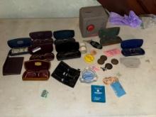 Marion Advertising Lot w/ bank and several pair of vintage spectacles