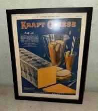 Framed 1928 Kraft Cheese Advertisement from The Saturday Evening Post, 12 x 15 inches framed