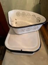 Vintage Enamelware Colander and Drip Tray Set, White with Black Trim