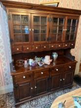 Dark Brown Wooden China Cabinet with Glass Doors and 4 Drawers, 5 ft long 76" tall 2 Pc.