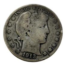 1913-S Barber Half Dollar Coin, 90% Silver