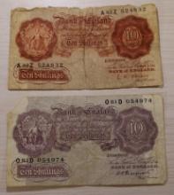 2- Bank of England Ten Shillings Notes, 1940s Series, sells times the money
