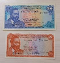 2- Central Bank of Kenya Banknotes - 20 Shillings 1977 & 5 Shillings 1975, sells times the money