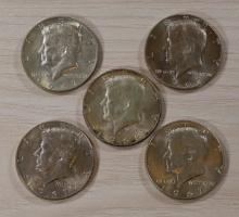 5- 40% Silver Kennedy Half Dollars, sells times the money
