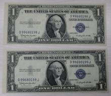 2- 1935H $1.00 Silver Certificates WITH MOTTO, w/ sequential serial numbers, sells times the money